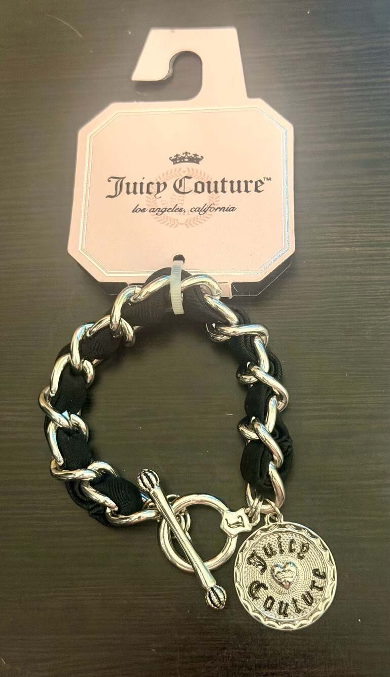 Juicy Couture Silver-Tone Chain Link Toggle Logo Bracelet / Black Fabric Weave